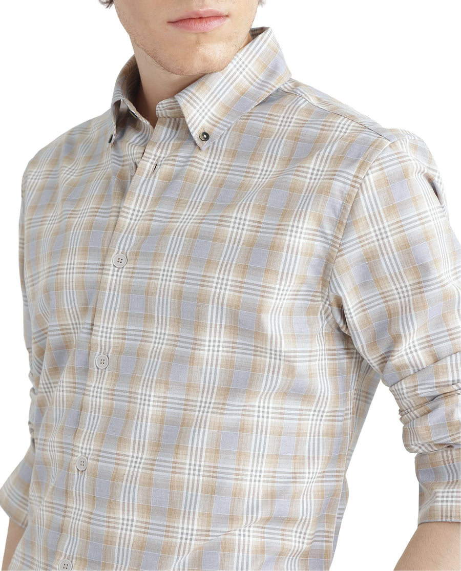 Rare Rabbit Men's Geko Pastel Mustard Cotton Checked Print Regular Fit Full Sleeve Collared Shirt
