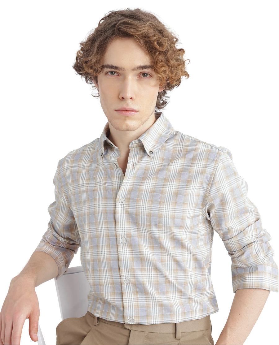 Rare Rabbit Men's Geko Pastel Mustard Cotton Checked Print Regular Fit Full Sleeve Collared Shirt