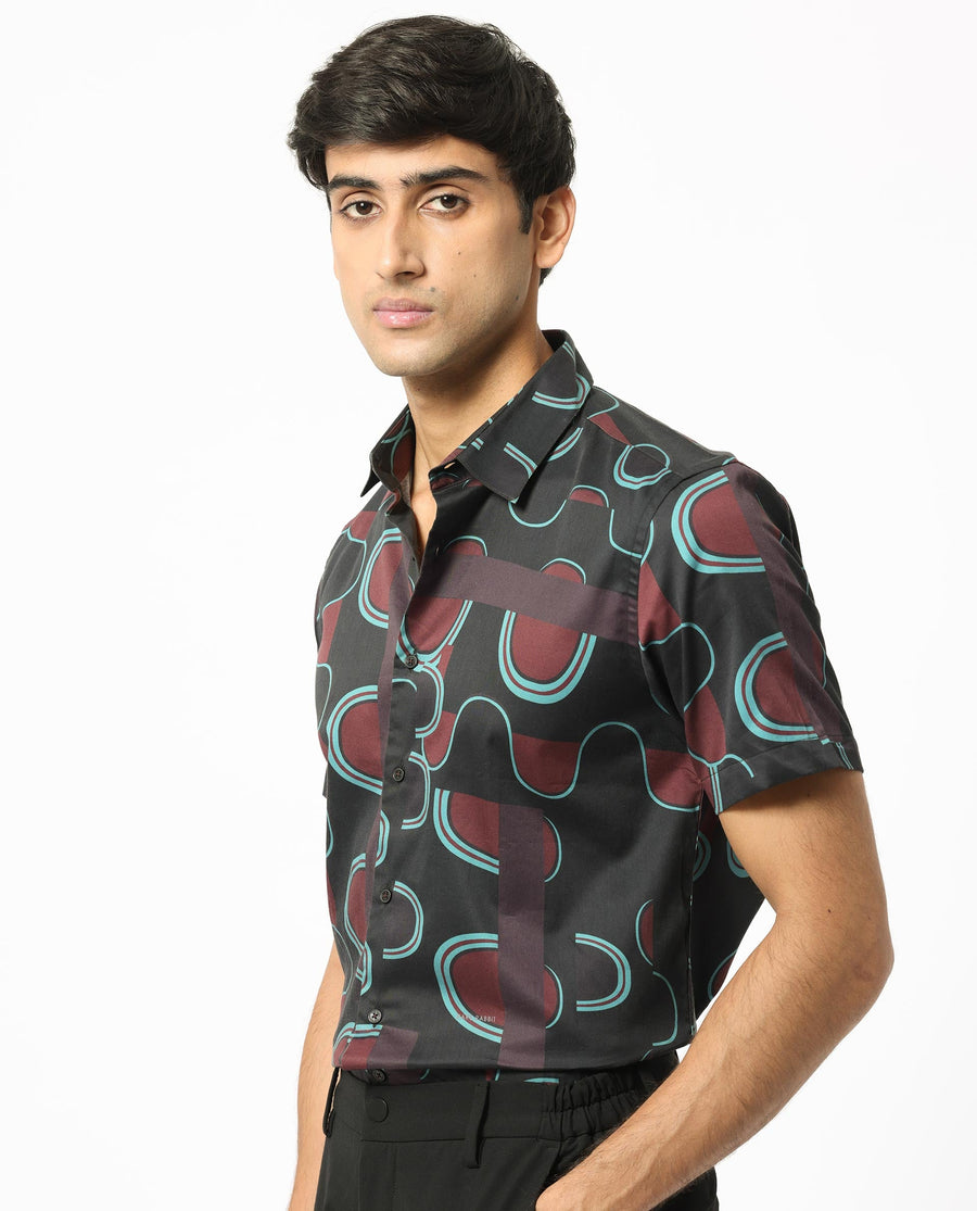 Rare Rabbit Men's Geo Brown Modal Geometric Print Regular Fit Half Sleeve Collared Shirt