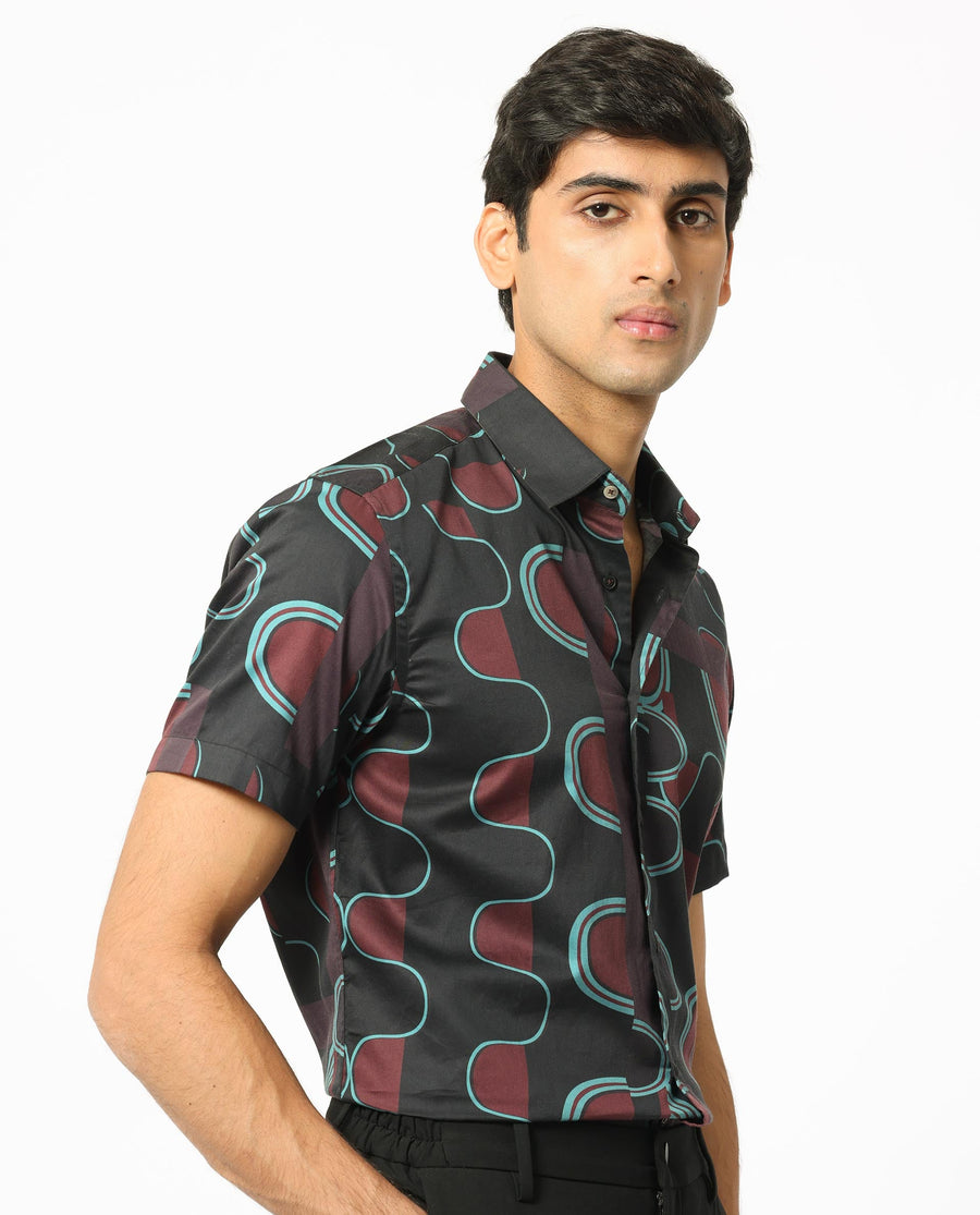 Rare Rabbit Men's Geo Brown Modal Geometric Print Regular Fit Half Sleeve Collared Shirt