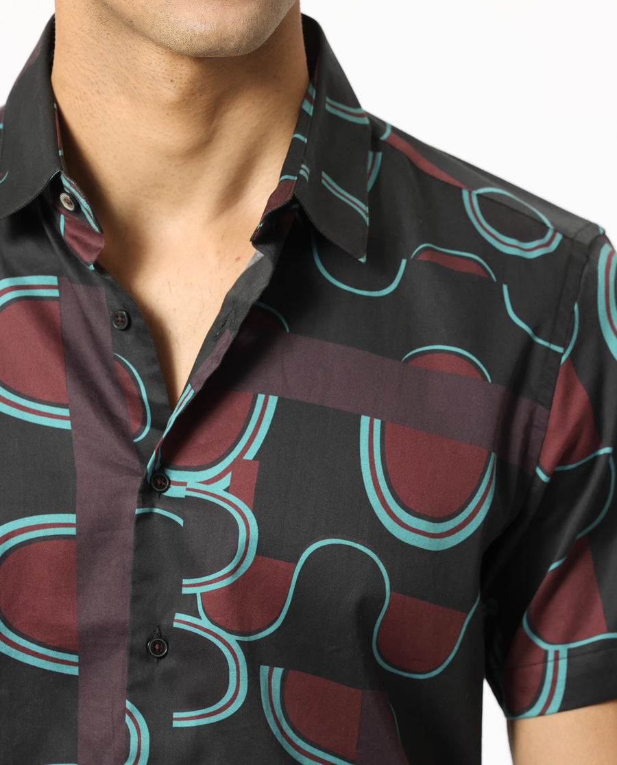 Rare Rabbit Men's Geo Brown Modal Geometric Print Regular Fit Half Sleeve Collared Shirt