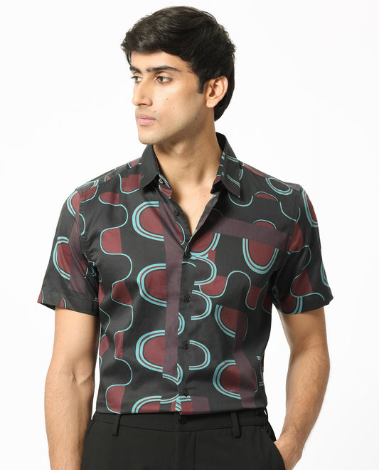 Rare Rabbit Men's Geo Brown Modal Geometric Print Regular Fit Half Sleeve Collared Shirt