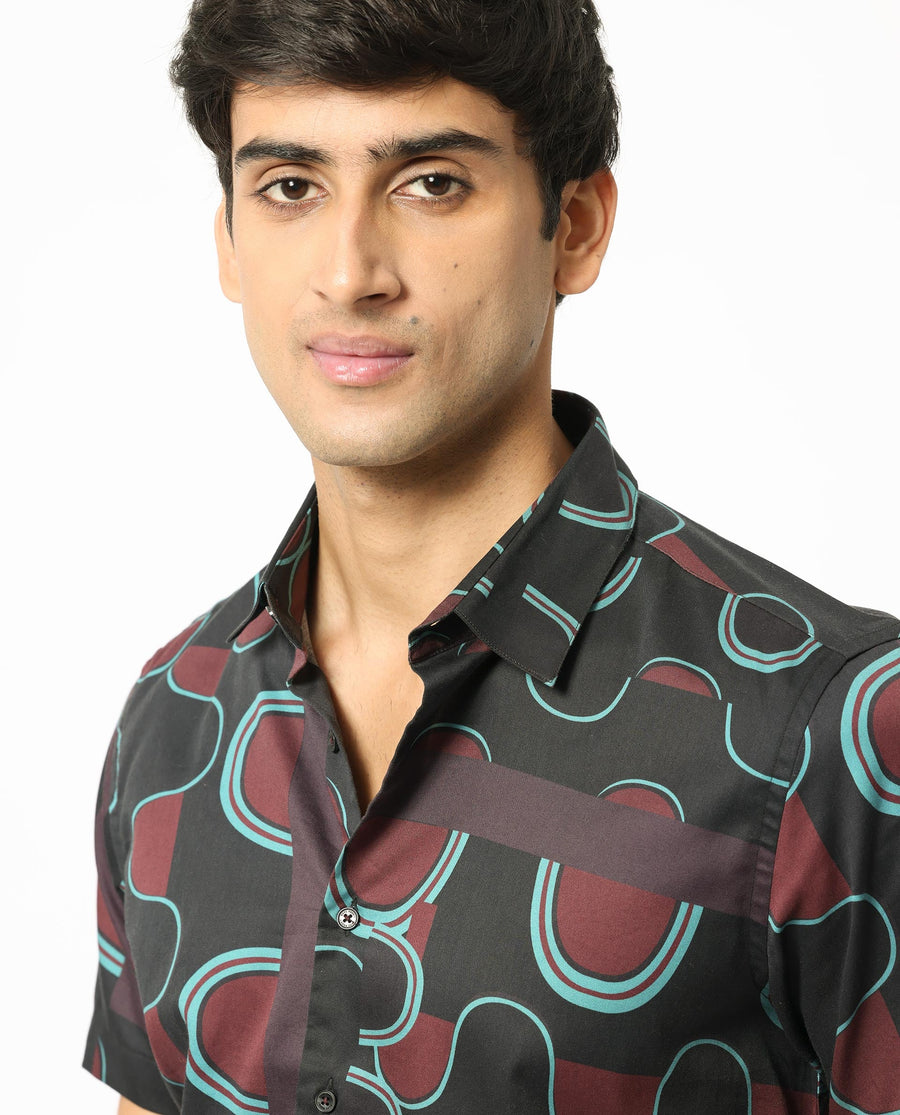 Rare Rabbit Men's Geo Brown Modal Geometric Print Regular Fit Half Sleeve Collared Shirt
