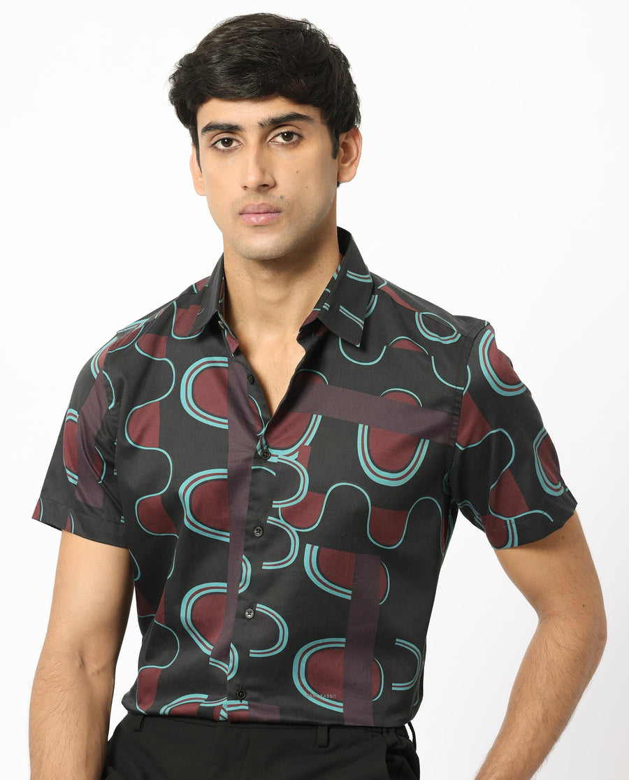 Rare Rabbit Men's Geo Brown Modal Geometric Print Regular Fit Half Sleeve Collared Shirt