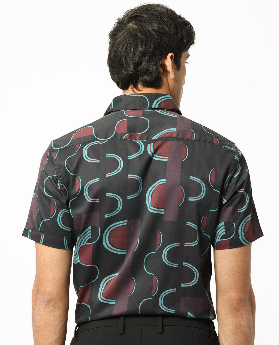 Rare Rabbit Men's Geo Brown Modal Geometric Print Regular Fit Half Sleeve Collared Shirt
