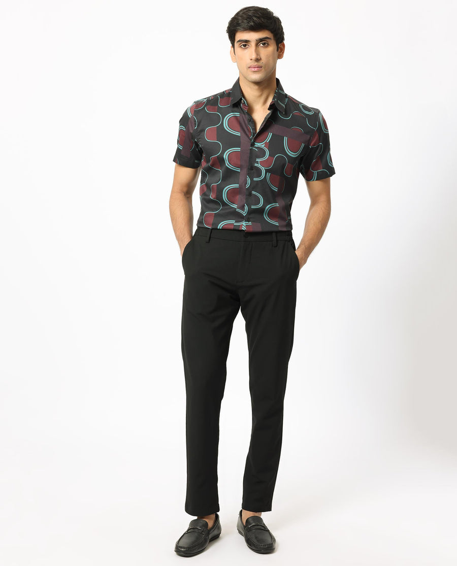 Rare Rabbit Men's Geo Brown Modal Geometric Print Regular Fit Half Sleeve Collared Shirt