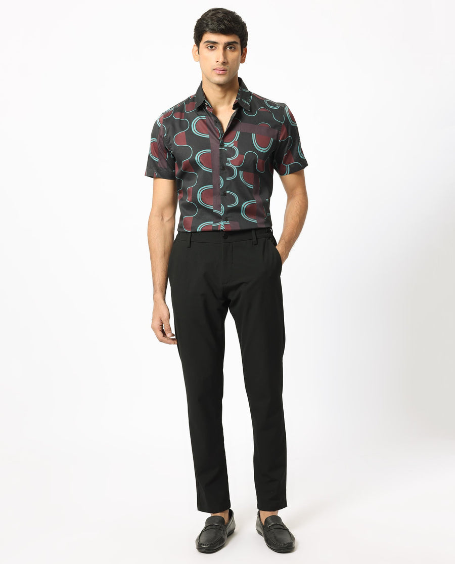 Rare Rabbit Men's Geo Brown Modal Geometric Print Regular Fit Half Sleeve Collared Shirt