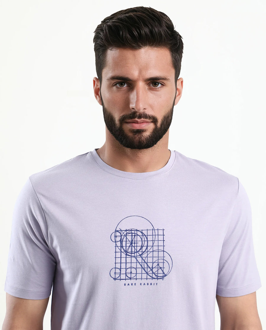 Rare Rabbit Men's Geom Dusky Purple Cotton Blend Graphic Print Regular Fit Half Sleeve Crew Neck T-Shirt