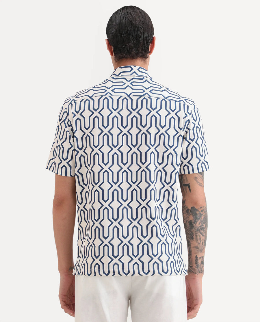 Rare Rabbit Men's Geomex Light Off White Polyester Blend Fabric Half Sleeve Spread Collar Regular Fit Geometric Print Shirt