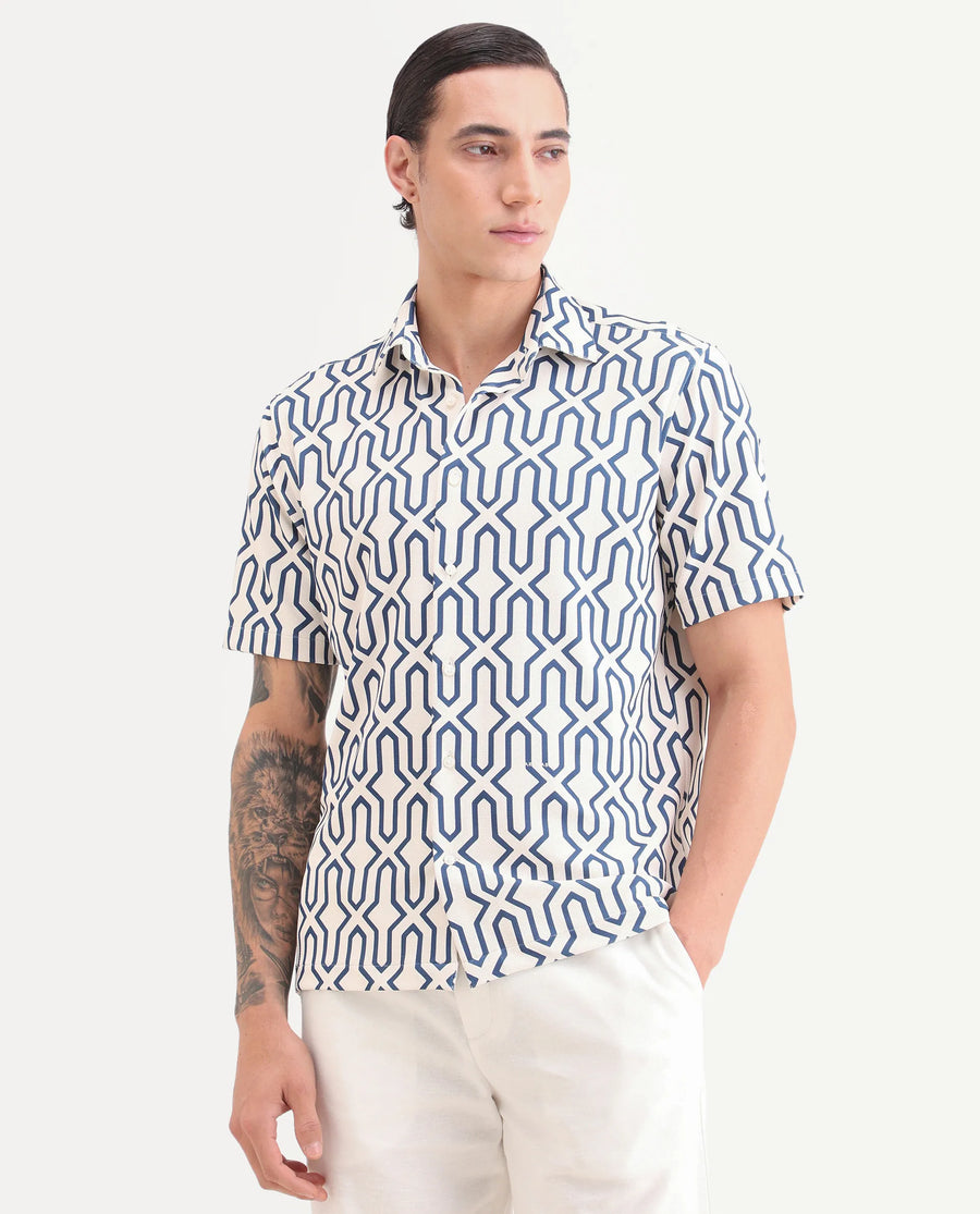 Rare Rabbit Men's Geomex Light Off White Polyester Blend Fabric Half Sleeve Spread Collar Regular Fit Geometric Print Shirt