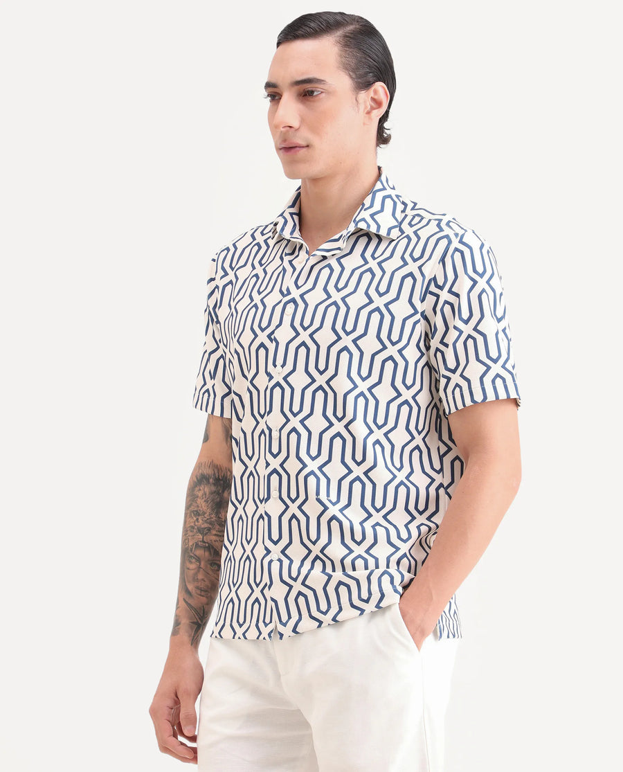 Rare Rabbit Men's Geomex Light Off White Polyester Blend Fabric Half Sleeve Spread Collar Regular Fit Geometric Print Shirt