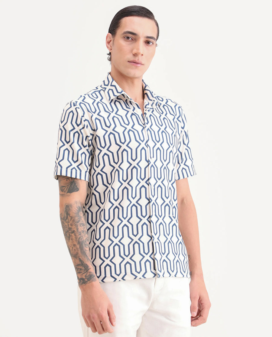 Rare Rabbit Men's Geomex Light Off White Polyester Blend Fabric Half Sleeve Spread Collar Regular Fit Geometric Print Shirt