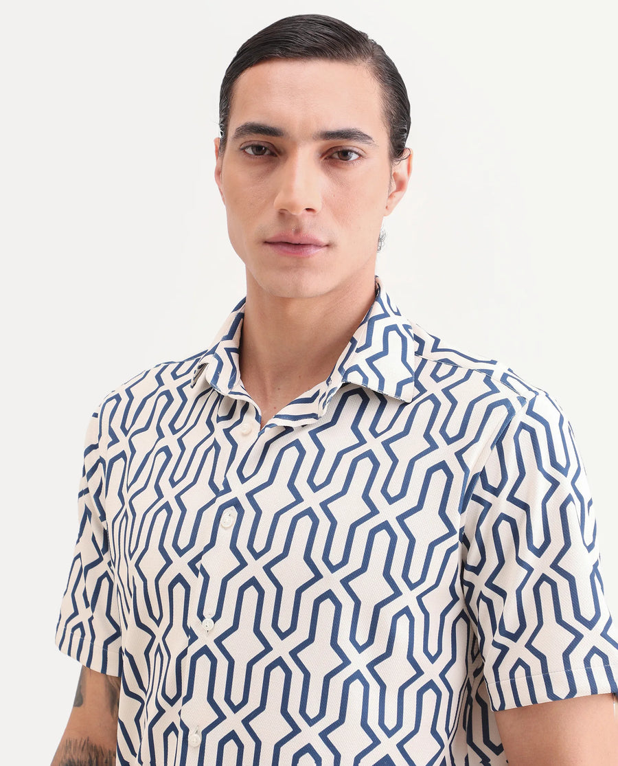Rare Rabbit Men's Geomex Light Off White Polyester Blend Fabric Half Sleeve Spread Collar Regular Fit Geometric Print Shirt