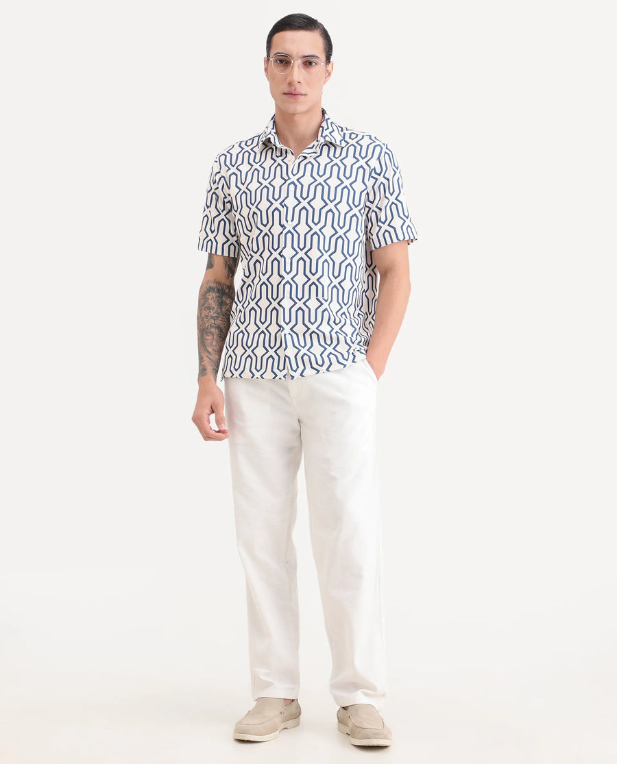 Rare Rabbit Men's Geomex Light Off White Polyester Blend Fabric Half Sleeve Spread Collar Regular Fit Geometric Print Shirt