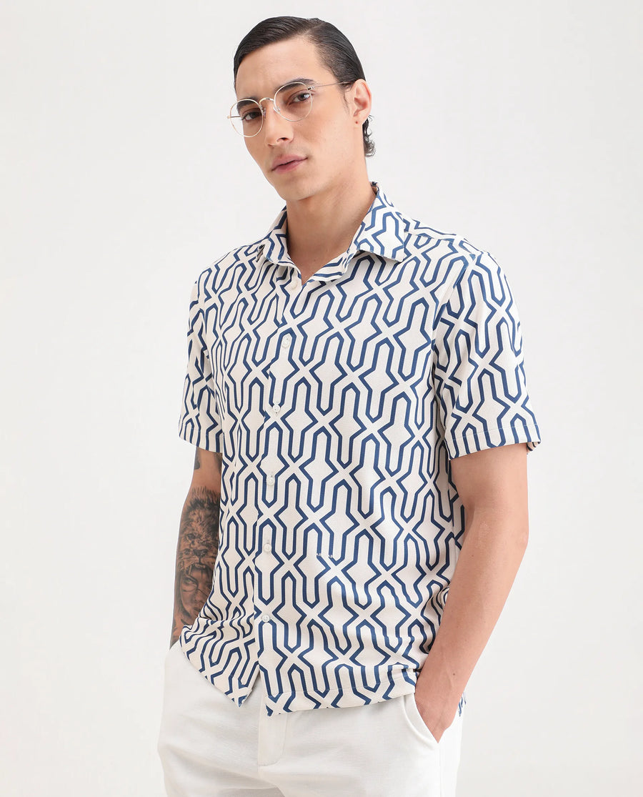 Rare Rabbit Men's Geomex Light Off White Polyester Blend Fabric Half Sleeve Spread Collar Regular Fit Geometric Print Shirt