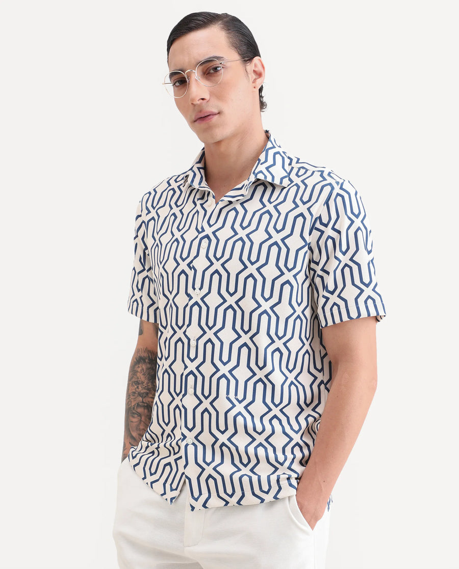 Rare Rabbit Men's Geomex Light Off White Polyester Blend Fabric Half Sleeve Spread Collar Regular Fit Geometric Print Shirt