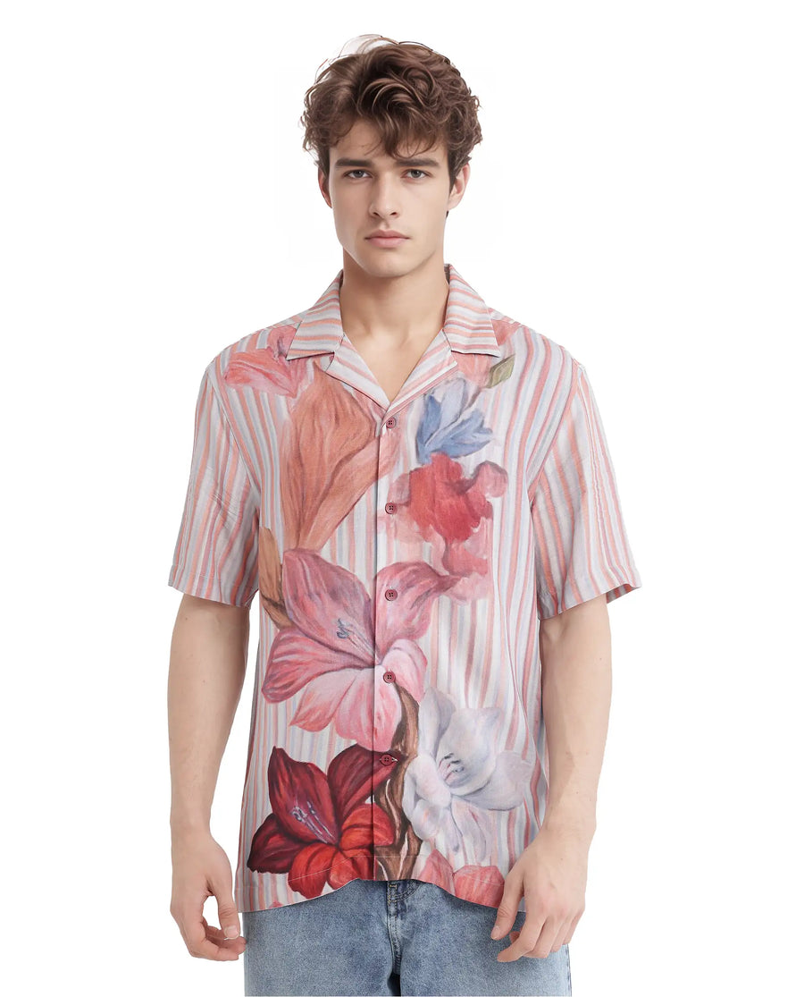 Rare Rabbit Men's Gero Dusky Pink Viscose Blend Floral Print Boxy Fit Half Sleeve Cuban Collar Shirt