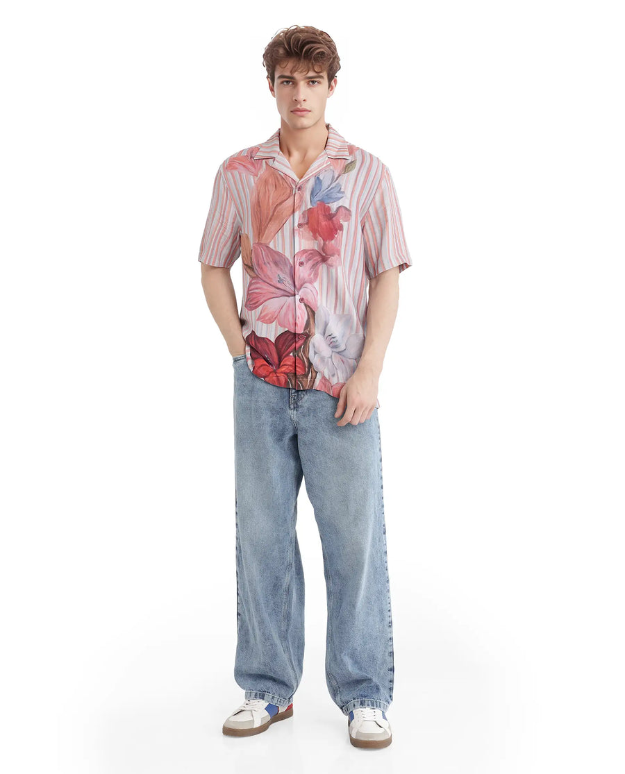 Rare Rabbit Men's Gero Dusky Pink Viscose Blend Floral Print Boxy Fit Half Sleeve Cuban Collar Shirt