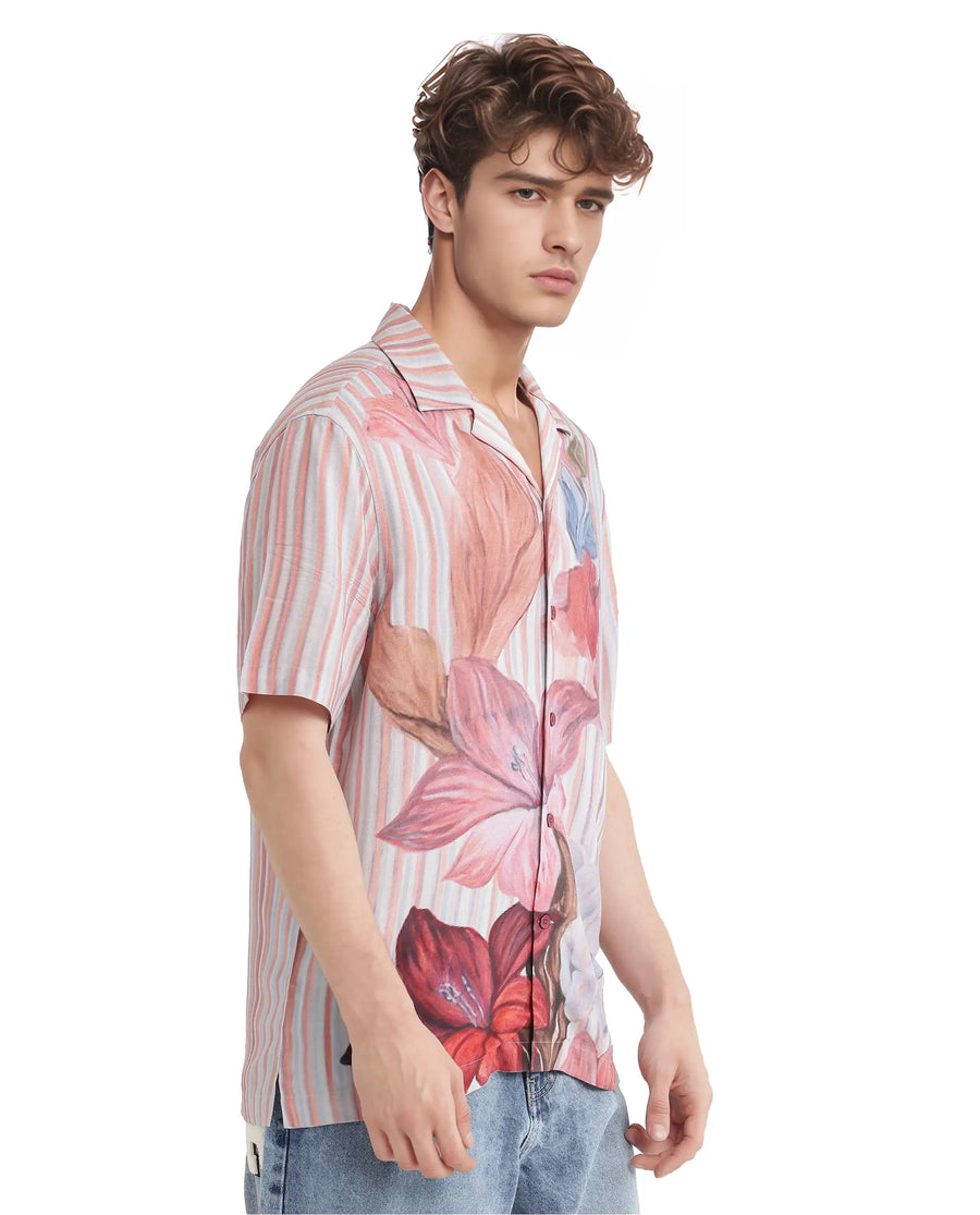 Rare Rabbit Men's Gero Dusky Pink Viscose Blend Floral Print Boxy Fit Half Sleeve Cuban Collar Shirt