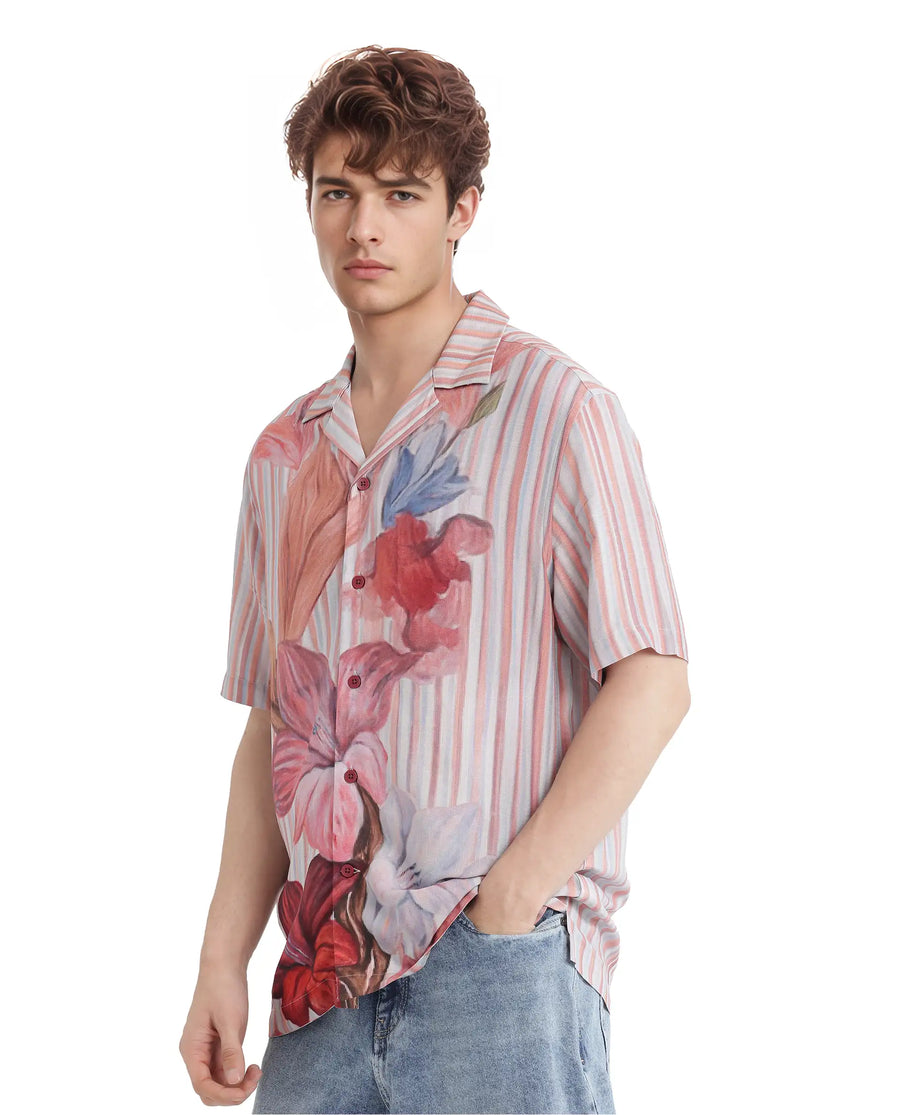 Rare Rabbit Men's Gero Dusky Pink Viscose Blend Floral Print Boxy Fit Half Sleeve Cuban Collar Shirt