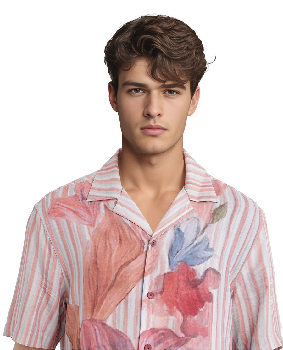 Rare Rabbit Men's Gero Dusky Pink Viscose Blend Floral Print Boxy Fit Half Sleeve Cuban Collar Shirt