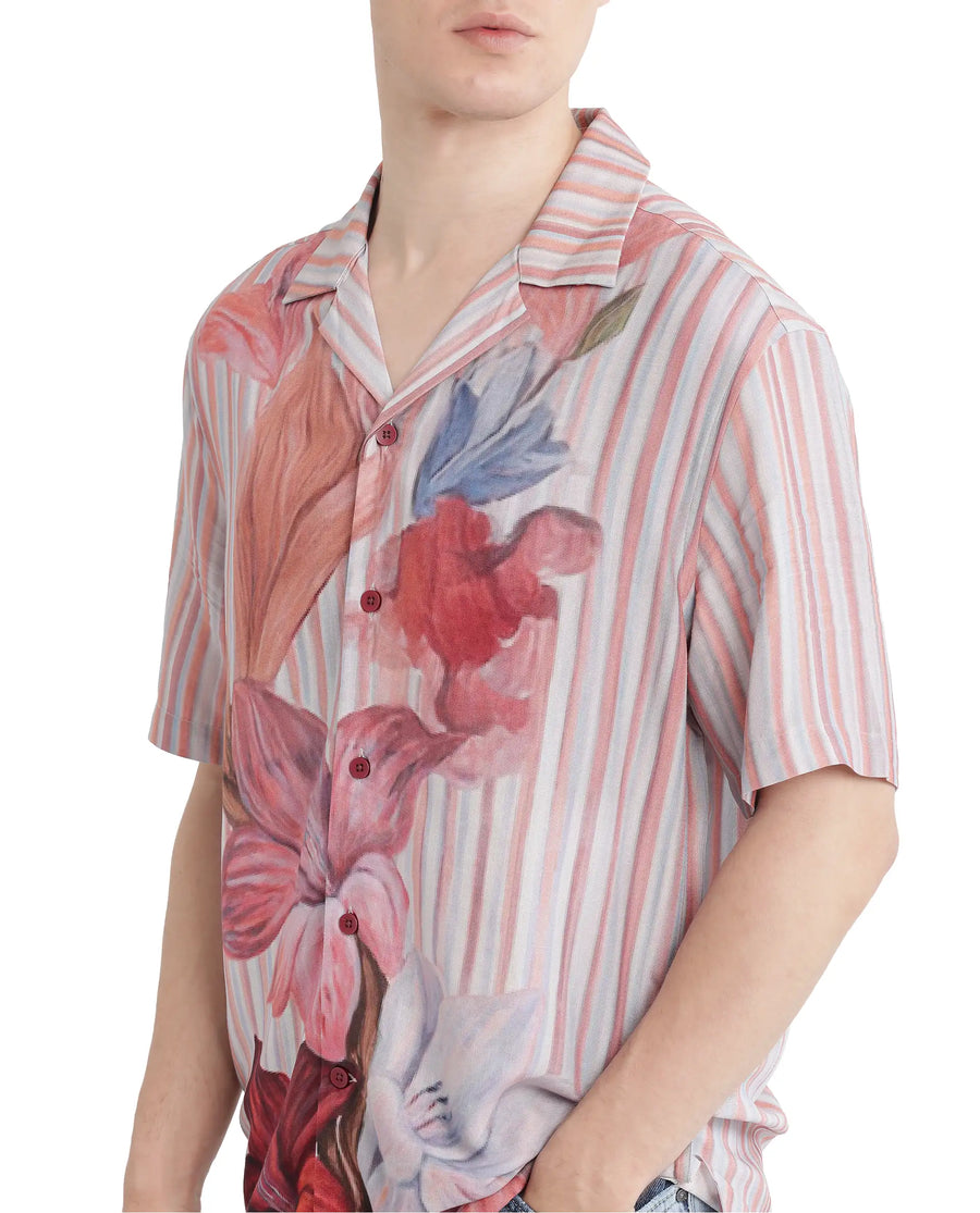 Rare Rabbit Men's Gero Dusky Pink Viscose Blend Floral Print Boxy Fit Half Sleeve Cuban Collar Shirt