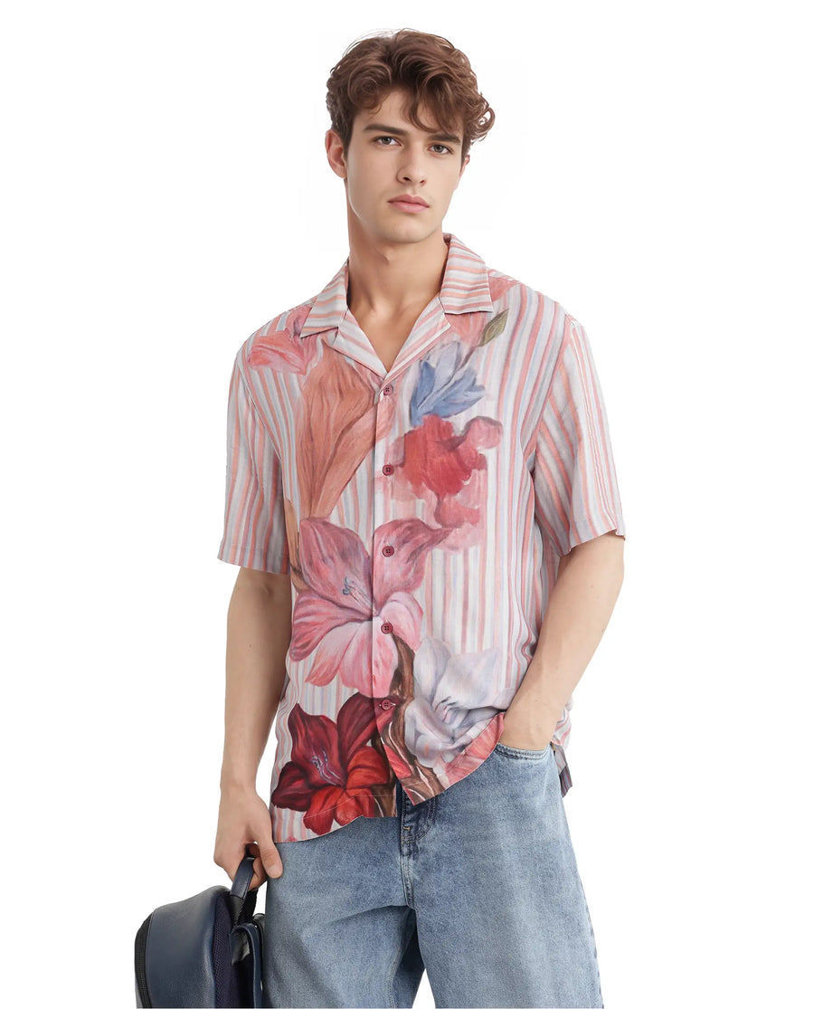 Rare Rabbit Men's Gero Dusky Pink Viscose Blend Floral Print Boxy Fit Half Sleeve Cuban Collar Shirt