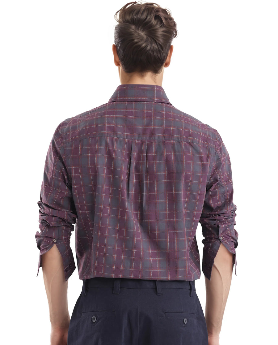 Rare Rabbit Men's Gibis Dark Purple Cotton Checked Print Regular Fit Full Sleeve Collared Shirt