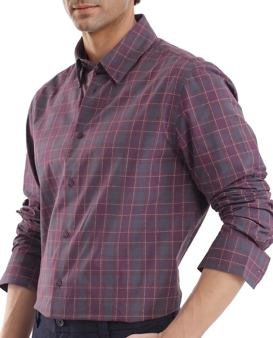 Rare Rabbit Men's Gibis Dark Purple Cotton Checked Print Regular Fit Full Sleeve Collared Shirt