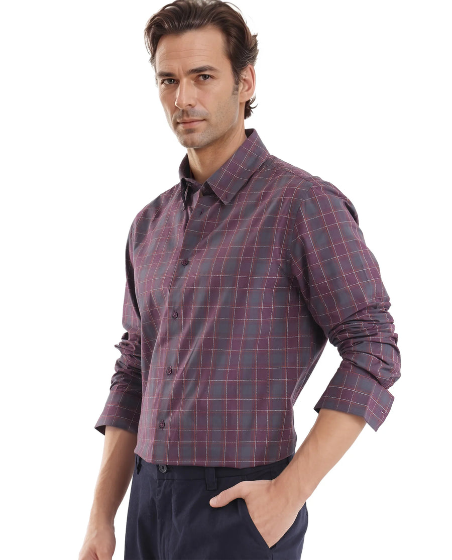 Rare Rabbit Men's Gibis Dark Purple Cotton Checked Print Regular Fit Full Sleeve Collared Shirt
