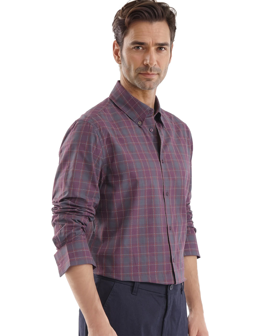 Rare Rabbit Men's Gibis Dark Purple Cotton Checked Print Regular Fit Full Sleeve Collared Shirt
