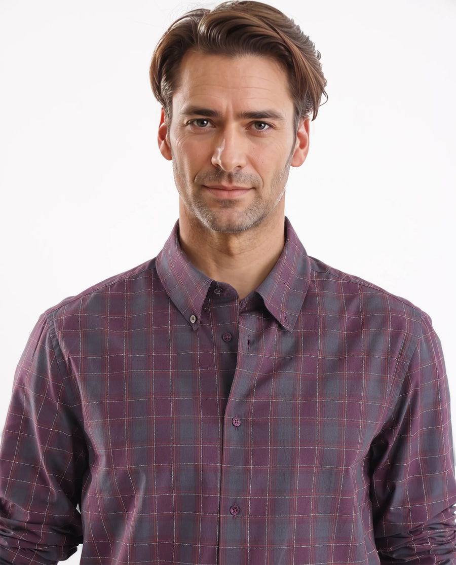 Rare Rabbit Men's Gibis Dark Purple Cotton Checked Print Regular Fit Full Sleeve Collared Shirt