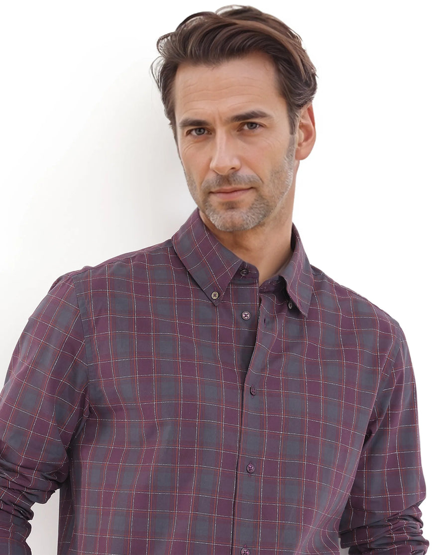 Rare Rabbit Men's Gibis Dark Purple Cotton Checked Print Regular Fit Full Sleeve Collared Shirt