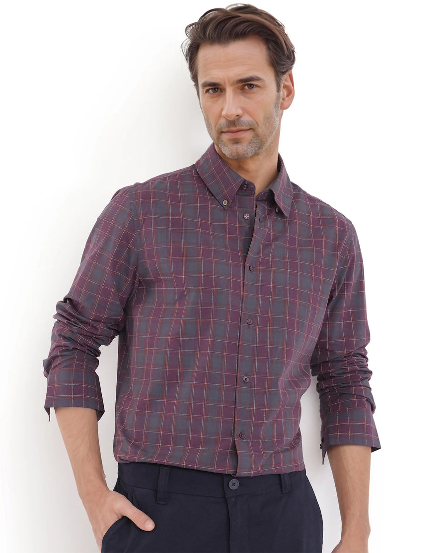Rare Rabbit Men's Gibis Dark Purple Cotton Checked Print Regular Fit Full Sleeve Collared Shirt