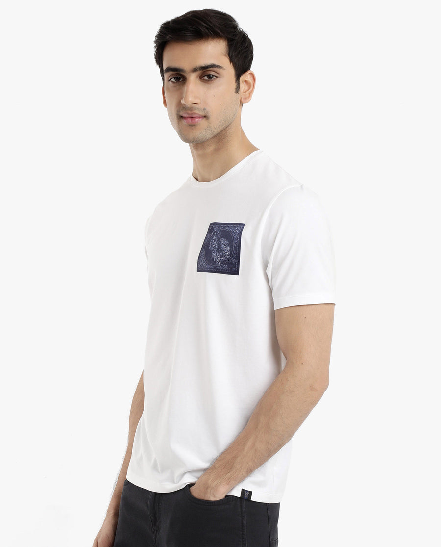 Rare Rabbit Men's Gino White Cotton Graphic Print Regular Fit Half Sleeve Crew Neck T-Shirt