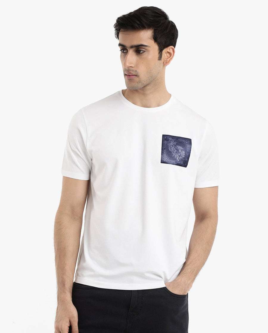 Rare Rabbit Men's Gino White Cotton Graphic Print Regular Fit Half Sleeve Crew Neck T-Shirt