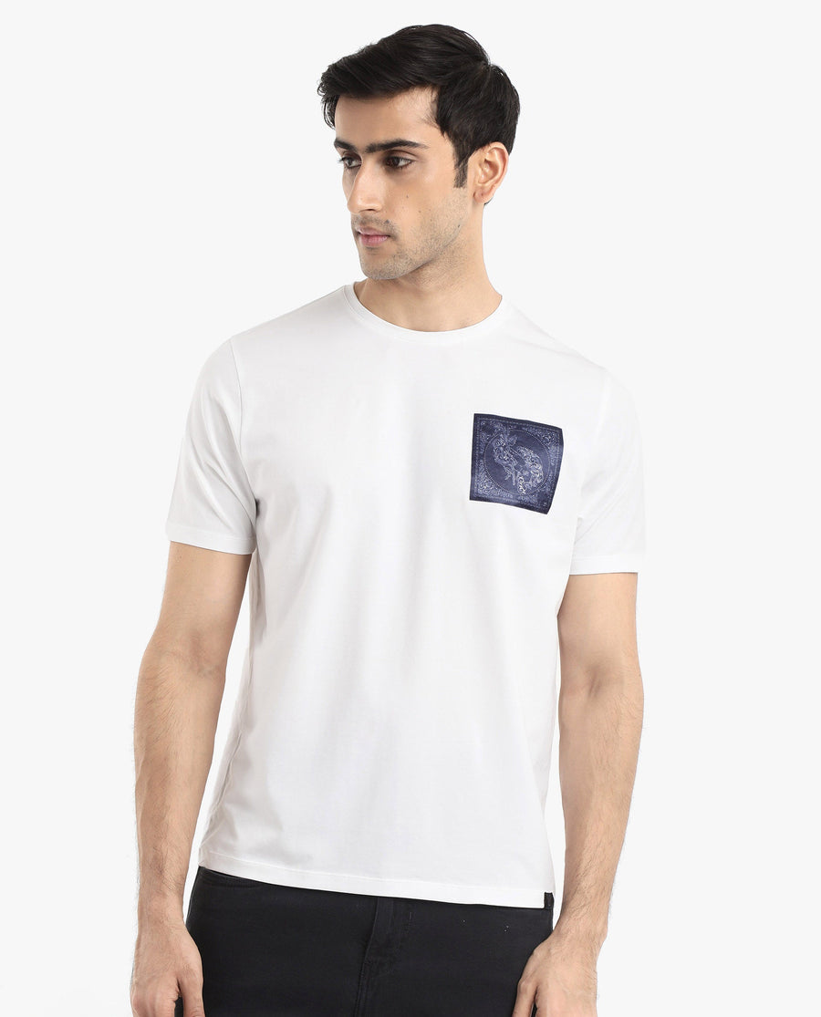 Rare Rabbit Men's Gino White Cotton Graphic Print Regular Fit Half Sleeve Crew Neck T-Shirt