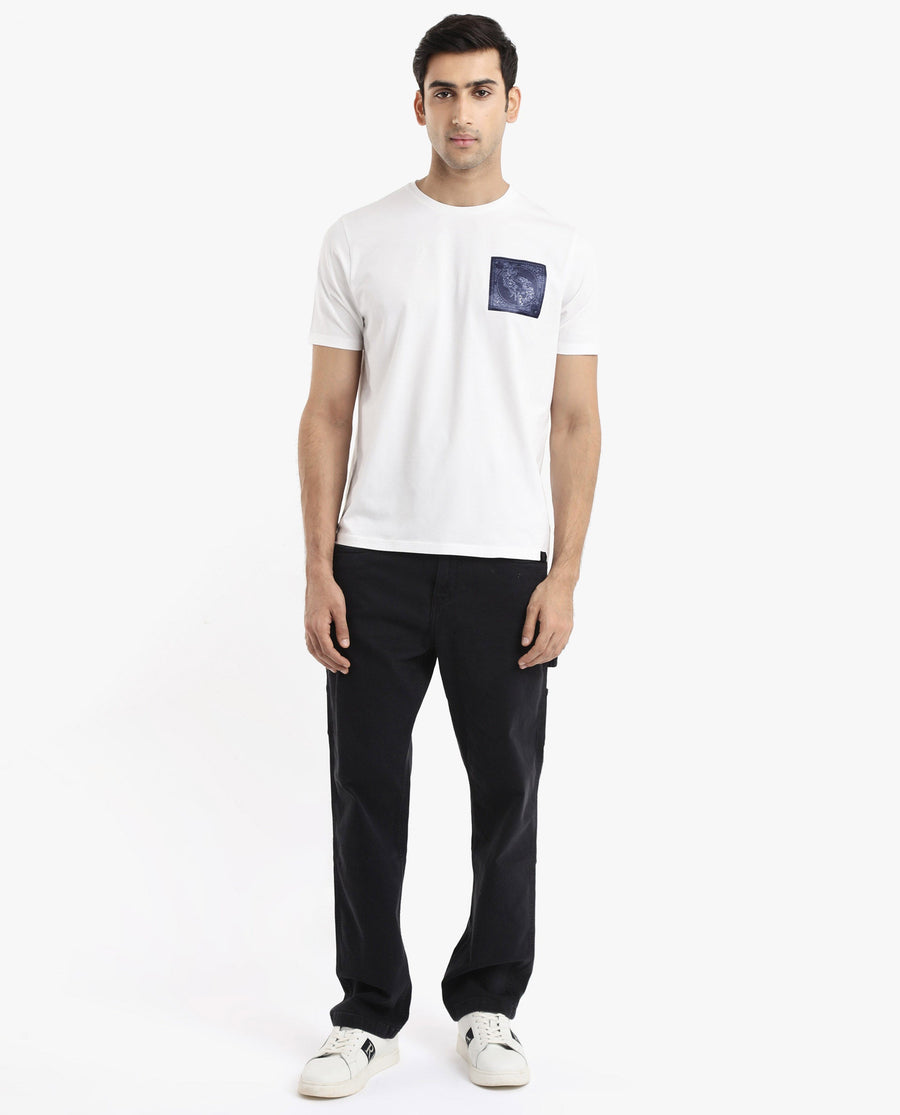Rare Rabbit Men's Gino White Cotton Graphic Print Regular Fit Half Sleeve Crew Neck T-Shirt