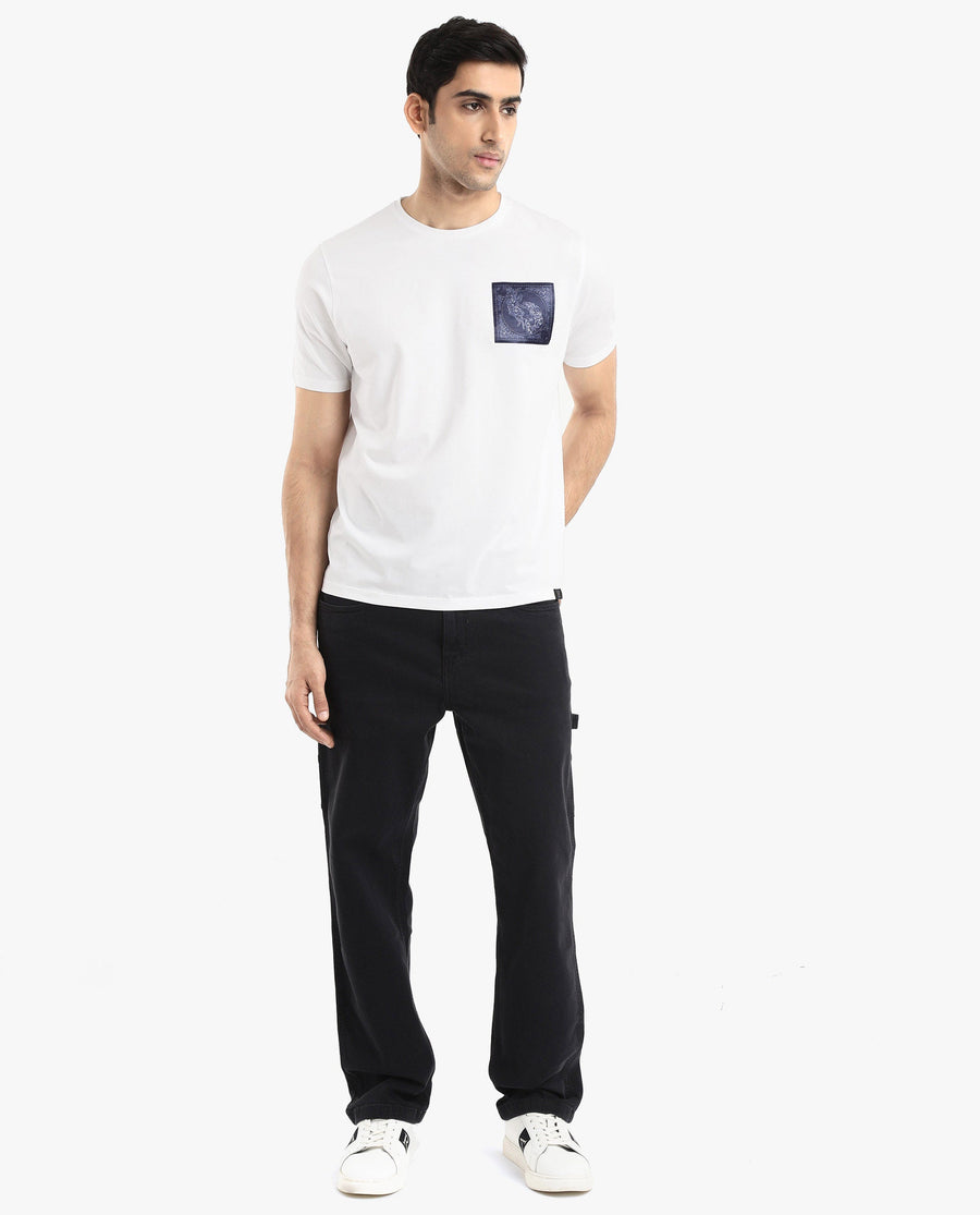 Rare Rabbit Men's Gino White Cotton Graphic Print Regular Fit Half Sleeve Crew Neck T-Shirt