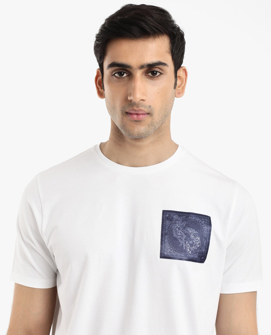 Rare Rabbit Men's Gino White Cotton Graphic Print Regular Fit Half Sleeve Crew Neck T-Shirt