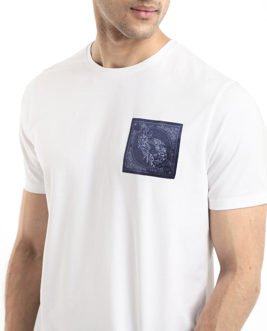 Rare Rabbit Men's Gino White Cotton Graphic Print Regular Fit Half Sleeve Crew Neck T-Shirt