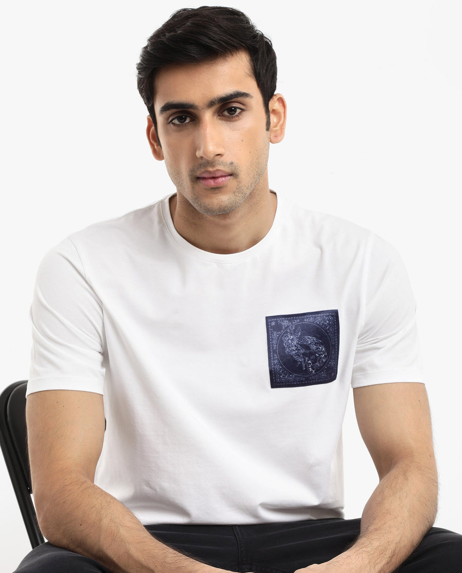 Rare Rabbit Men's Gino White Cotton Graphic Print Regular Fit Half Sleeve Crew Neck T-Shirt