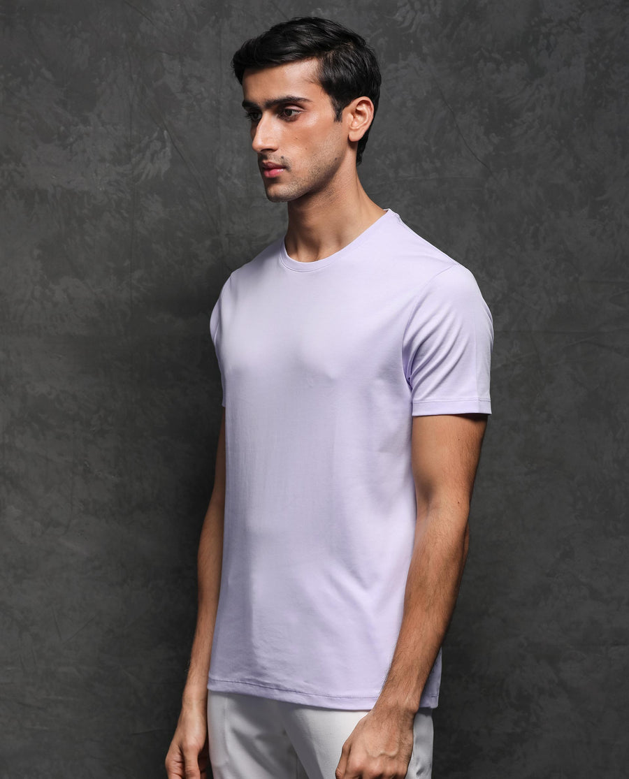 Rare Rabbit Men's Gis Pastel Purple Cotton Plain Slim Fit Half Sleeve Crew Neck T-Shirt