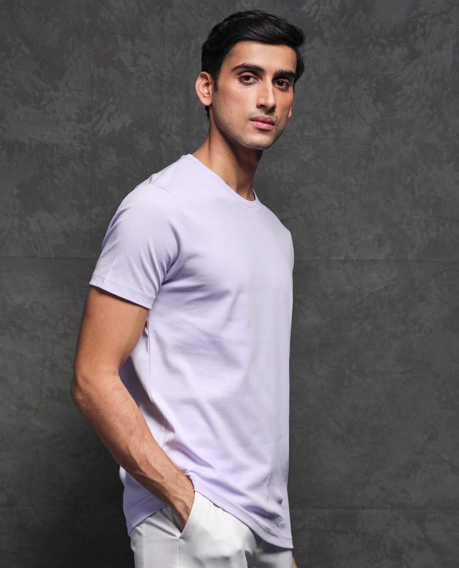 Rare Rabbit Men's Gis Pastel Purple Cotton Plain Slim Fit Half Sleeve Crew Neck T-Shirt