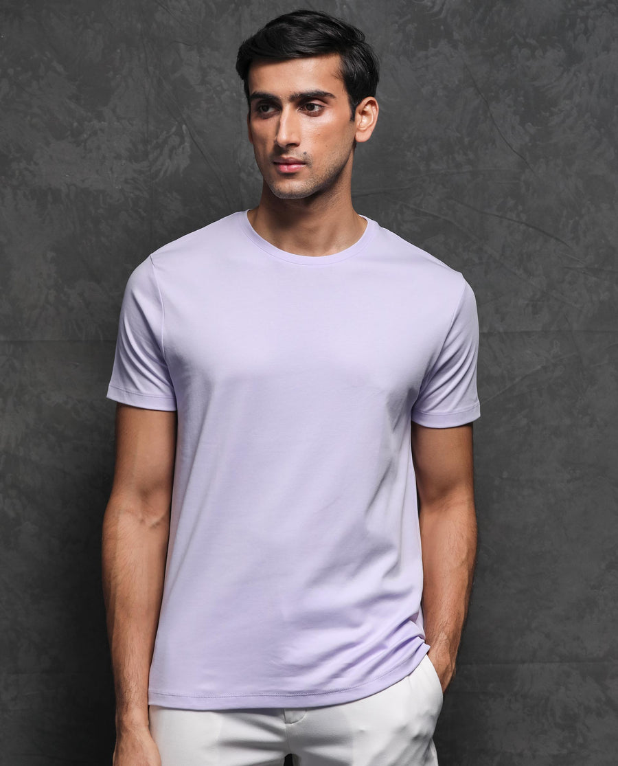 Rare Rabbit Men's Gis Pastel Purple Cotton Plain Slim Fit Half Sleeve Crew Neck T-Shirt