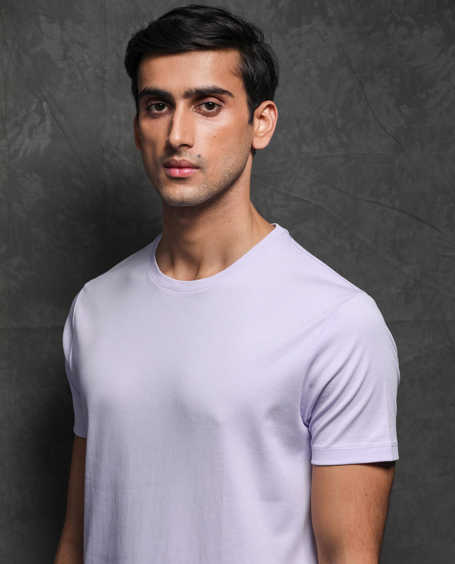 Rare Rabbit Men's Gis Pastel Purple Cotton Plain Slim Fit Half Sleeve Crew Neck T-Shirt
