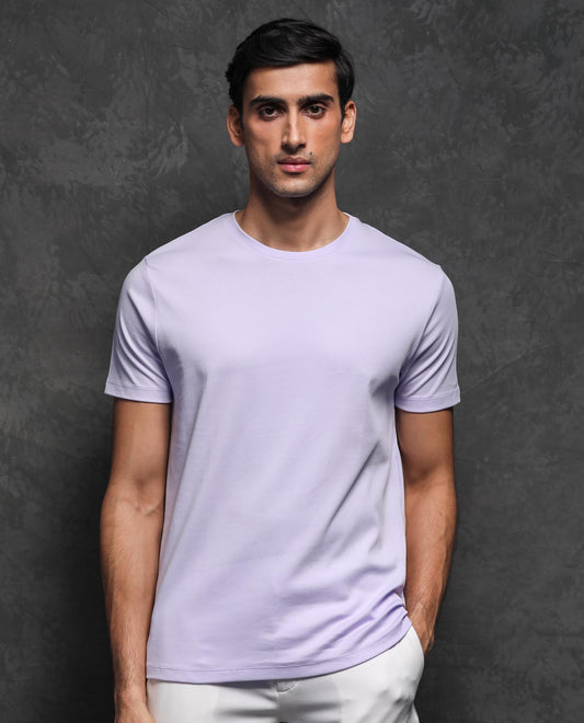 Rare Rabbit Men's Gis Pastel Purple Cotton Plain Slim Fit Half Sleeve Crew Neck T-Shirt