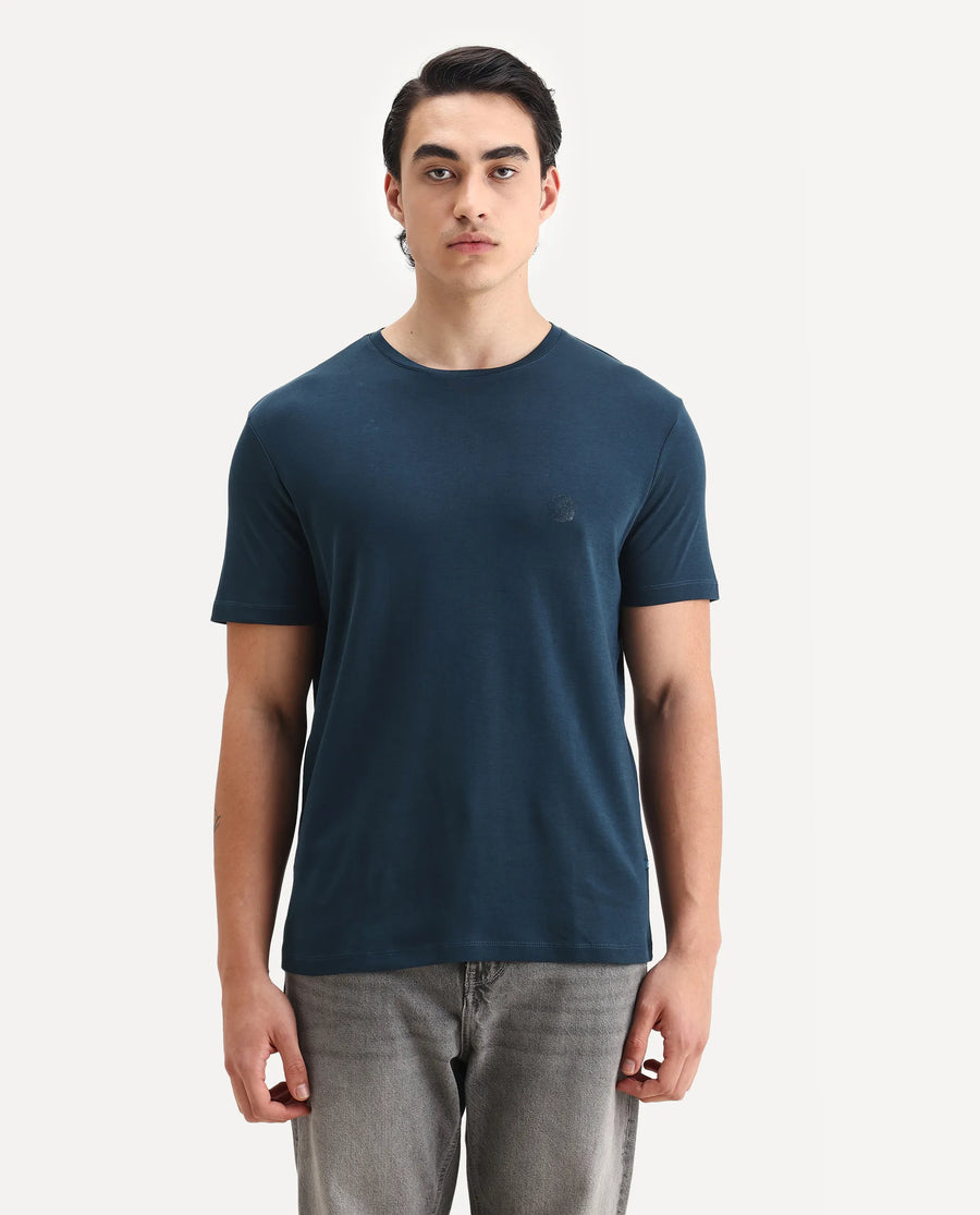Rare Rabbit Men's Gis Petrol Cotton Plain Regular Fit Half Sleeve Crew Neck T-Shirt