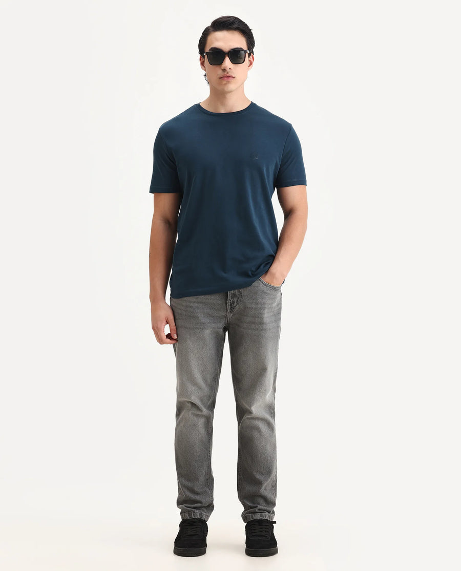 Rare Rabbit Men's Gis Petrol Cotton Plain Regular Fit Half Sleeve Crew Neck T-Shirt