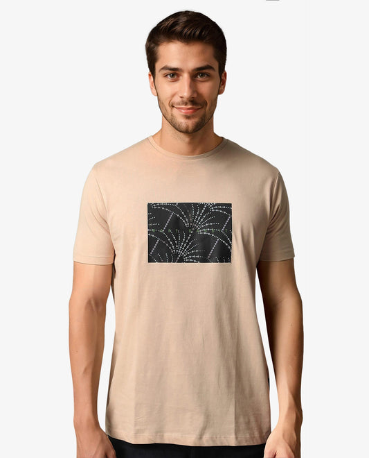 Rare Rabbit Men's Glam Beige Cotton Graphic Print Slim Fit Half Sleeve Crew Neck T-Shirt